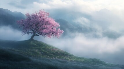 A dreamy landscape with a solitary cherry tree on a hill surrounded by mist and blossoms 