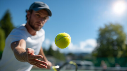 Faceless tennis player skillfully returns serve on sunny court ball captured sharp closeup vibrant blue sky athletic precision sports action competitive play defocused