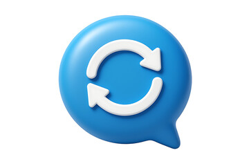 3d render refresh icon inside blue speech bubble with white rotating arrows symbol of sync update reload and restart process isolated on transparent background