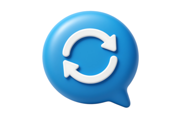 3d render refresh icon inside blue speech bubble with white rotating arrows symbol of sync update reload and restart process isolated on transparent background
