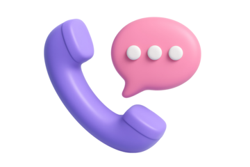 3d render purple telephone receiver handset with pink speech bubble chat icon symbol of communication support call center and contact isolated on transparent background