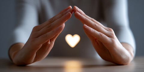 Close-up of hands forming a protective gesture around a glowing heart symbol on a wooden surface with blurred background