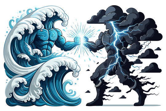 A powerful clash of elemental titans: the water wave warrior battles the storm and lightning entity