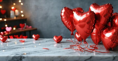 Red heart balloons rest upon marble surface. Background features lights, hearts, candles. Romantic celebration scene.