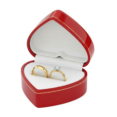 Heart-shaped ring box with two elegant rings isolated on transparent background