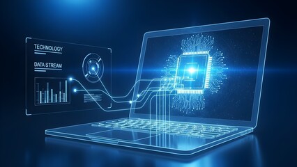 Futuristic laptop with digital data stream and glowing circuitry isolated on transparent background