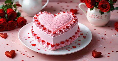 Naklejka premium Heart shaped cake, pink frosting, roses, romantic setting. Celebratory dessert, sweet treat, lovely presentation.