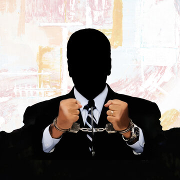 Faceless politician in handcuffs symbolizing corruption and justice