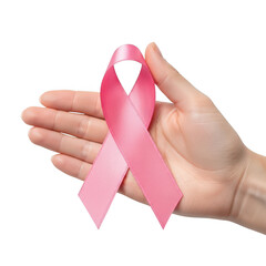 Hand holding pink ribbon for breast cancer awareness isolated on transparent background
