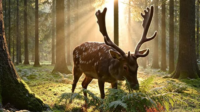 Deer grazing in sunlit forest clearing with antler display