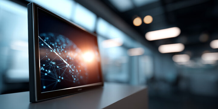 Modern computer monitor displaying digital network connections with glowing nodes in a blurred environment with ambient lighting - Powered by Adobe