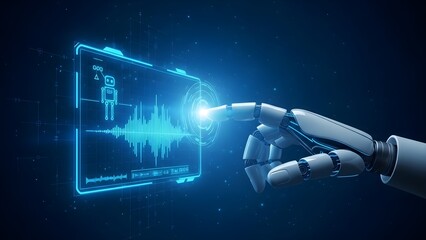 Robotic hand interacting with digital human body scan interface isolated on transparent background