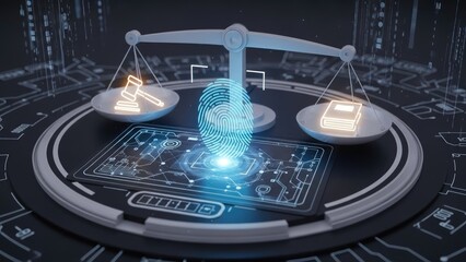 Futuristic digital security concept with fingerprint scanner and digital icons on transparent background