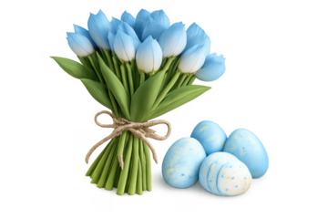 Blue tulips bouquet and easter eggs celebrating spring