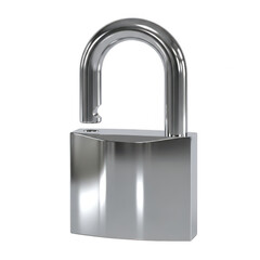 Shiny metal padlock with open shackle isolated on transparent background