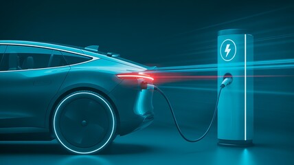 Electric car charging at modern station with futuristic transportation concept 