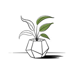 Minimalist Line Art Houseplant in Geometric Pot &ndash; Modern Interior Design Vector Illustration