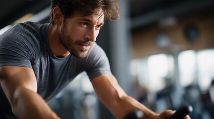 Faceless athletic man in gray shirt pedals intensely on cycle in gym embodying determination perseverance pursuit fitness goals workout dedication defocused background with