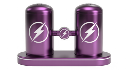 Purple double battery pack with lightning bolt white isolated on a transparent background