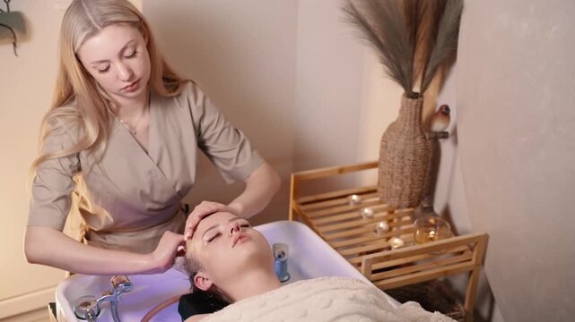 Beautician giving head massage to young woman during Japanese head spa in salon.