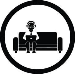 Silhouette man wearing headphones working on laptop computer sitting on sofa illustration vector
