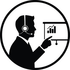 Silhouette man wearing headset presenting financial chart on whiteboard illustration vector