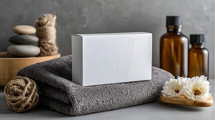 White rectangular box sitting on top of two folded gray towels with a rough texture and a soft appearance together neatly.
