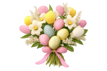 Easter bouquet with pastel eggs and spring flowers