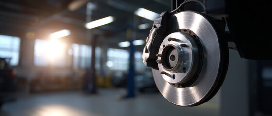 Close-up of a shiny new car brake disc and caliper in a modern automotive workshop with blurred background and natural light