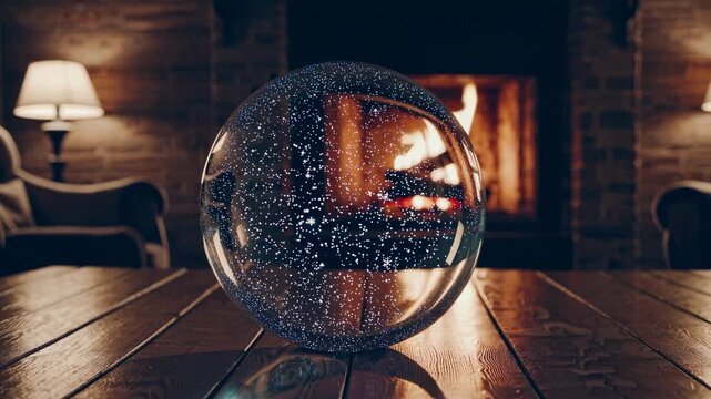 A cozy, low-angle video shot of a glass sphere on a wooden table, reflecting a warm fireplace in a rustic room with ambient lighting.
