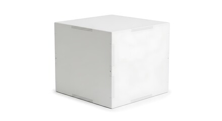 Fototapeta premium A plain white cube with subtle horizontal lines on its edges sits on a white background geometric shape