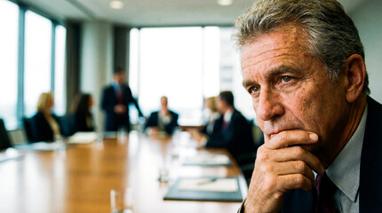 Fototapeta premium Pensive Senior Executive Thinking Deeply During Corporate Boardroom Meeting Strategy Session