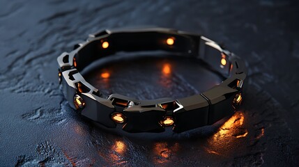 A futuristic bracelet made of black titanium with embedded LED lights 