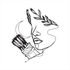 woman face with leaves and moon