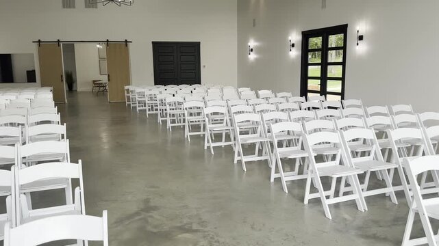 Minimalist event venue interior with white chairs arranged in neat rows ready for ceremony or conference