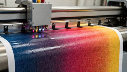 Closeup medium shot of wideformat printer producing smooth gradient transitions on fabric showcasing precise ink application and seamless color blending in directtofabric printing.
