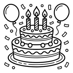 Birthday Cake Illustration with Balloons and Candles isolated PNG with Transparent Background