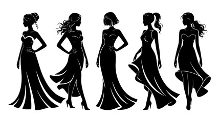 Set of 5 Elegant Woman Silhouettes in Flowing Gowns isolated PNG with Transparent Background