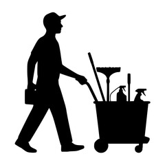 Janitor with Cleaning Cart Silhouette isolated PNG with Transparent Background