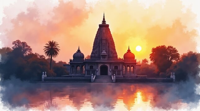 Watercolor of Belur Math temple silhouette at sunset, spiritual abode tribute and artistic serene atmosphere