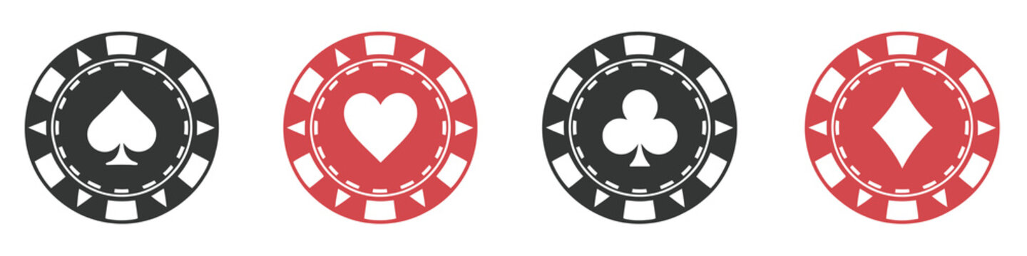 Poker chips set with card suit symbols, casino gambling tokens for betting games and entertainment, vector illustration perfect for casino design, gaming apps, and gambling-themed projects.
