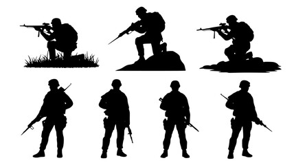 Set of Silhouetted Soldiers with Rifles Vector Illustrations isolated PNG with Transparent Background