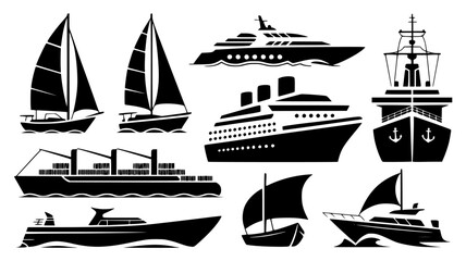 Set of 8 Black Silhouette Boat Icons isolated PNG with Transparent Background