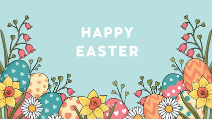 A festive Easter illustration featuring decorated eggs and blooming flowers, perfect for seasonal greetings and spring celebrations. © Vira