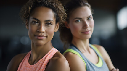 Portrait two confident sporty faceless young women athletic lifestyle fitness partners healthy living workout companions active lifestyle sports training defocused