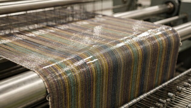 Medium shot of yarndyed cotton fabric undergoing highsheen mercerizing highlighting enhanced luster and vibrant color absorption during caustic treatment.
