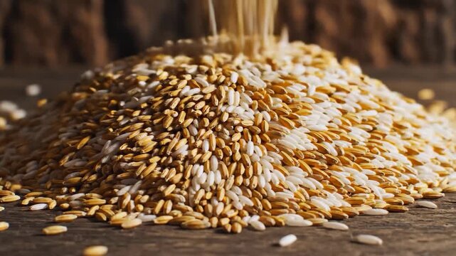 Grains pouring macro, food ingredient texture background
