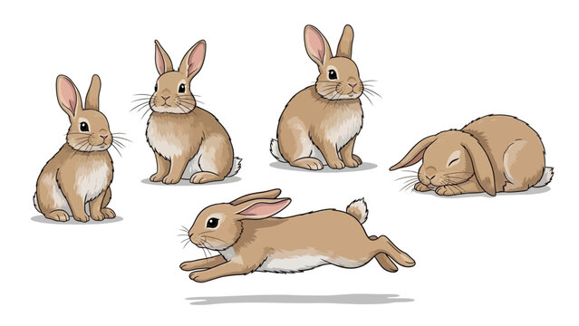 Three adorable cartoon rabbits are depicted in various poses against a clean white background, evoking a sense of innocence and springtime joy, perfec