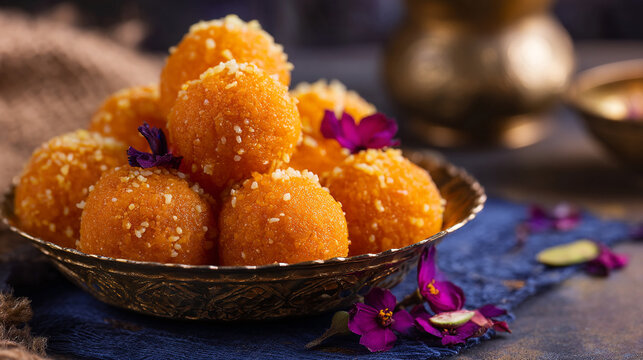 Traditional Indian Sweet Laddu Served in a Decorative Golden Bowl Garnished with Crushed Nuts and Purple Flowers for Festive Celebration