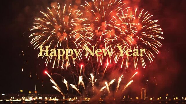 Vibrant fireworks display with Happy New Year message in golden font